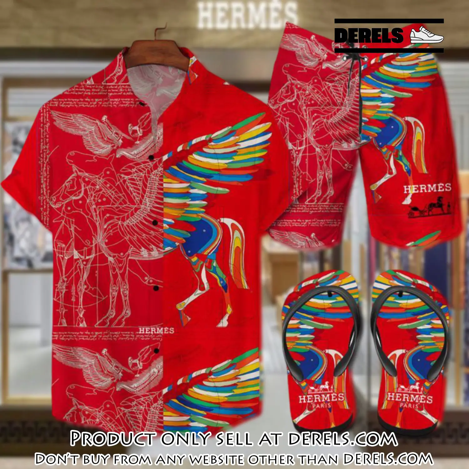 Hermes flip flops and combo hawaii shirt shorts luxury brand summer outfit hsf086 dr2519424